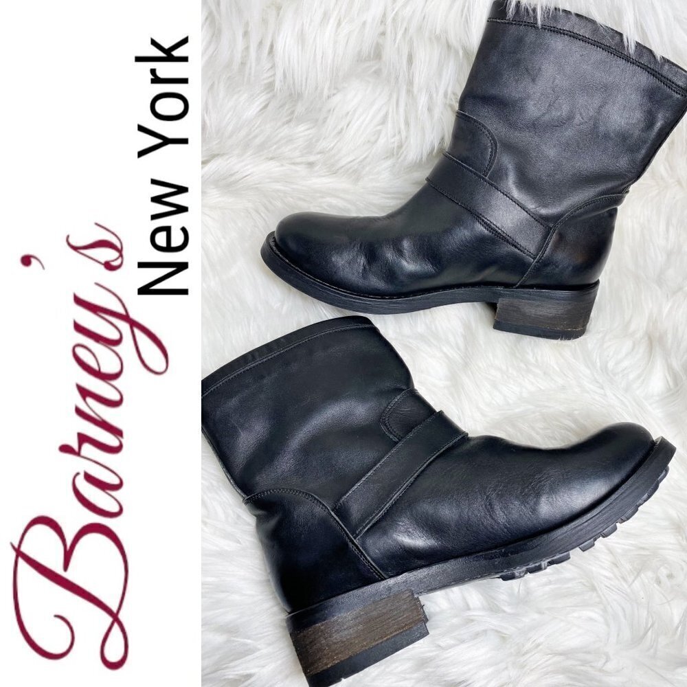 BARNEY'S NEW YORK Black Leather Moto Buckle Ankle Boots, Size 37 - Picture 2 of 11